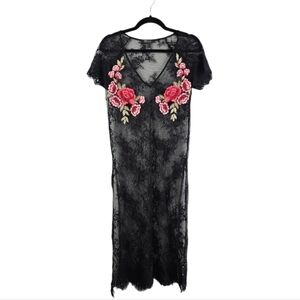 FOREVER 21 Sheer Mesh Midi Dress Black Lace Pink Floral Womens Size L Whimsigoth